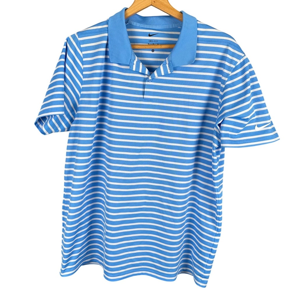 Nike Dri-FIT Mens XL Blue White Striped Golf Polo Shirt Short Sleeve RN56323